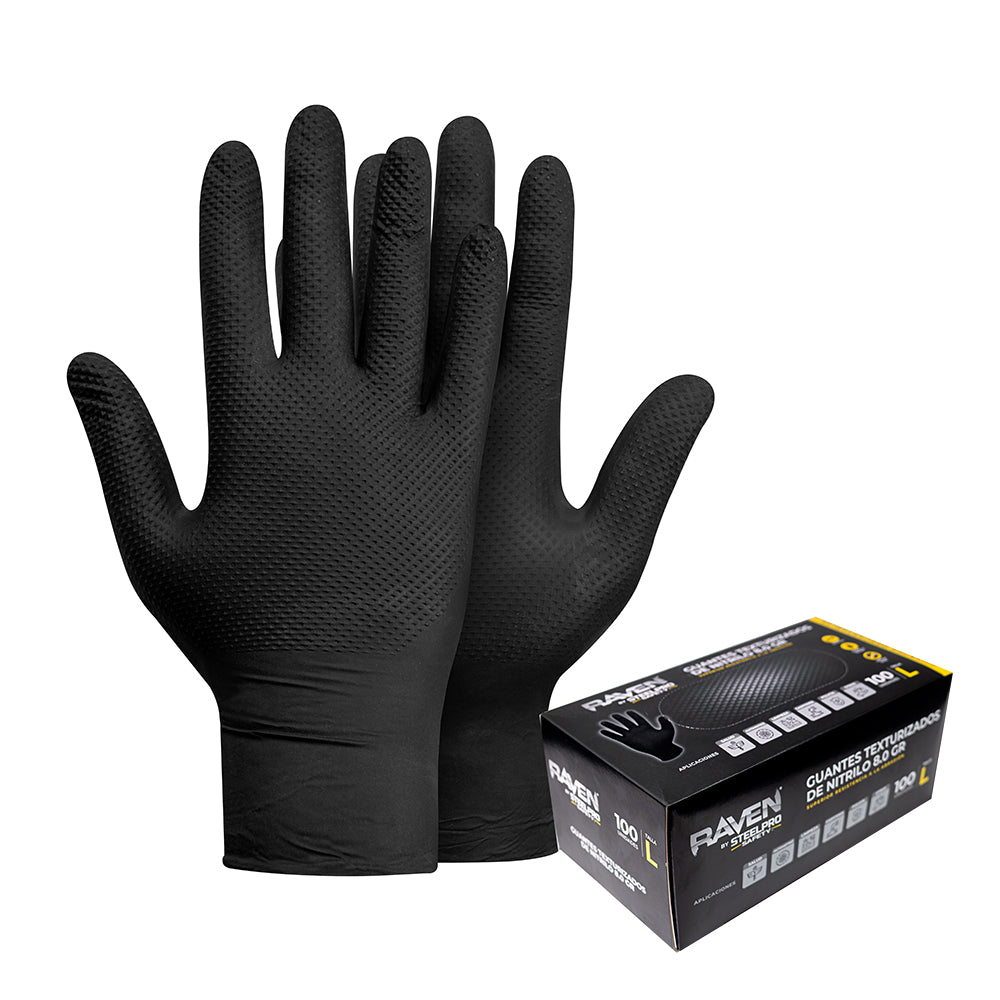 Guante nitrilo texturizado negro 8.0gr raven steelpro 100uds